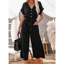 Load image into Gallery viewer, Women's Short Sleeve V Neck Button Belt Wide Leg Jumpsuit
