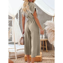 Load image into Gallery viewer, Women's Short Sleeve V Neck Button Belt Wide Leg Jumpsuit
