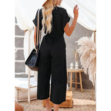 Load image into Gallery viewer, Women's Short Sleeve V Neck Button Belt Wide Leg Jumpsuit
