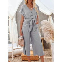 Load image into Gallery viewer, Women's Short Sleeve V Neck Button Belt Wide Leg Jumpsuit
