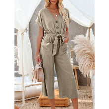 Load image into Gallery viewer, Women's Short Sleeve V Neck Button Belt Wide Leg Jumpsuit
