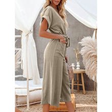Load image into Gallery viewer, Women's Short Sleeve V Neck Button Belt Wide Leg Jumpsuit
