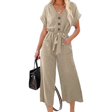 Load image into Gallery viewer, Women's Short Sleeve V Neck Button Belt Wide Leg Jumpsuit
