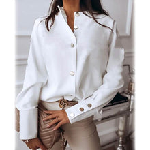 将图片加载到图库查看器，Women's Solid Colored Long Sleeve Button Standing Collar Basic Tops

