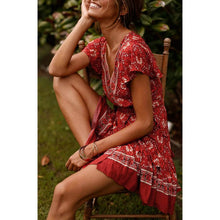 Load image into Gallery viewer, Women's Summer Wrap V Neck Bohemian Floral Print Mini Dress
