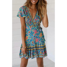 Load image into Gallery viewer, Women's Summer Wrap V Neck Bohemian Floral Print Mini Dress
