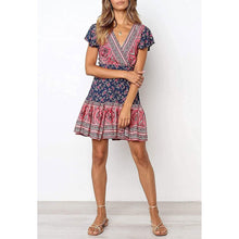 Load image into Gallery viewer, Women's Summer Wrap V Neck Bohemian Floral Print Mini Dress
