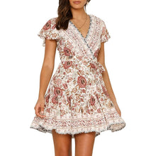 Load image into Gallery viewer, Women's Summer Wrap V Neck Bohemian Floral Print Mini Dress

