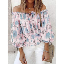 将图片加载到图库查看器，Women's T-Shirt Floral Print Off Shoulder Top Puff Sleeves
