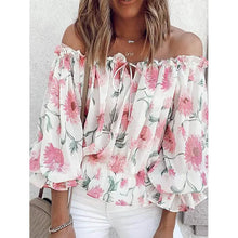 将图片加载到图库查看器，Women's T-Shirt Floral Print Off Shoulder Top Puff Sleeves
