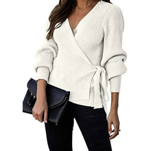 Load image into Gallery viewer, Women’s V Neck Balloon Sleeve Ribbed Wrap Chunky Knit Tunic Top
