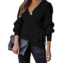 Load image into Gallery viewer, Women’s V Neck Balloon Sleeve Ribbed Wrap Chunky Knit Tunic Top
