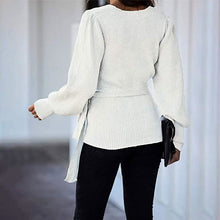 Load image into Gallery viewer, Women’s V Neck Balloon Sleeve Ribbed Wrap Chunky Knit Tunic Top
