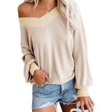 将图片加载到图库查看器，Women's V Neck Long Sleeve Waffle Knit Top Off Shoulder Oversized Pullover Sweater
