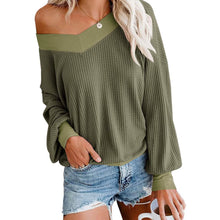 将图片加载到图库查看器，Women's V Neck Long Sleeve Waffle Knit Top Off Shoulder Oversized Pullover Sweater
