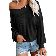 将图片加载到图库查看器，Women's V Neck Long Sleeve Waffle Knit Top Off Shoulder Oversized Pullover Sweater
