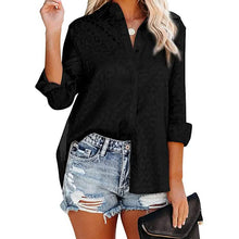 Load image into Gallery viewer, Women's V Neck Satin Embossed Roll Up Cuff Button Shirt Top
