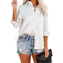 Load image into Gallery viewer, Women's V Neck Satin Embossed Roll Up Cuff Button Shirt Top
