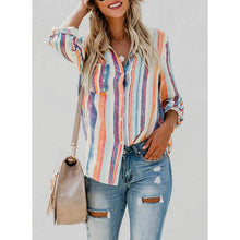 Load image into Gallery viewer, Women's V-Neck Striped Roll-Up Cuff Shirt
