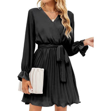 将图片加载到图库查看器，Womens Wrap V Neck Pleated Long Sleeve Mini Dresses

