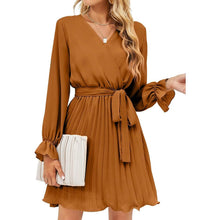 将图片加载到图库查看器，Womens Wrap V Neck Pleated Long Sleeve Mini Dresses
