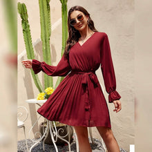 将图片加载到图库查看器，Womens Wrap V Neck Pleated Long Sleeve Mini Dresses
