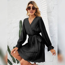 将图片加载到图库查看器，Womens Wrap V Neck Pleated Long Sleeve Mini Dresses
