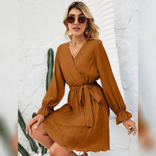 将图片加载到图库查看器，Womens Wrap V Neck Pleated Long Sleeve Mini Dresses
