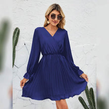 将图片加载到图库查看器，Womens Wrap V Neck Pleated Long Sleeve Mini Dresses
