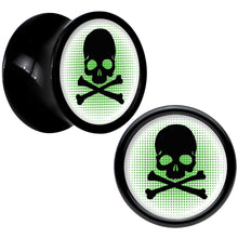 Load image into Gallery viewer, Black Acrylic Green Black Skull Saddle Plug Set 0G
