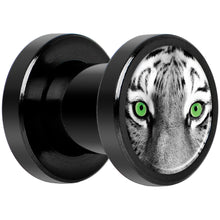 Load image into Gallery viewer, Black White Tiger Eyes Black Anodized Screw Fit Plug Set 2G
