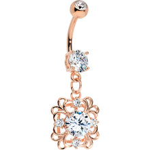 Load image into Gallery viewer, Clear CZ Gem Rose Gold Plated Steel Blooming Flower Dangle Belly Ring

