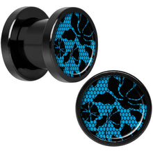 Load image into Gallery viewer, Blue Floral Lace Black Anodized Screw Fit Plug Set 0G
