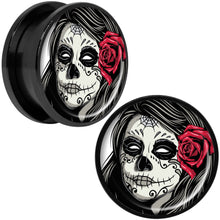 Load image into Gallery viewer, Katrina Sugar Skull with Rose Flower Black Anodized Screw Fit Plug Set 20mm
