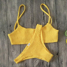 Load image into Gallery viewer, Yellow Ruffles Crochet Bikini Set Women Push-up Padded Bra Swimsuit Triangle Swimwear Bathing Suit Women's Thong Bikini Swimsuit Two Piece Halter Neck Padded Push up Bikini Sets
