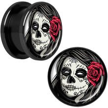 Load image into Gallery viewer, Katrina Sugar Skull with Rose Flower Black Anodized Screw Fit Plug Set 5/8

