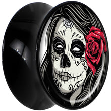 Load image into Gallery viewer, Black Acrylic Katrina Sugar Skull with Rose Flower Saddle Plug Set 20mm
