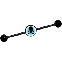 Load image into Gallery viewer, 14G Blue Black Skull Black Industrial Barbell 37mm
