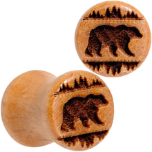 Load image into Gallery viewer, Organic Beechwood Holiday Bear in the Woods Saddle Plug Set Sizes 8mm to 20mm
