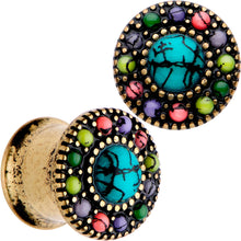 Load image into Gallery viewer, Gold Plated Southwestern Stone Age Double Flare Plug Set 2G to 22mm
